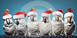 Group of cockatoos are wearing a Christmas hat, posing on blue background, funny looking