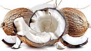 A group of coconuts are cut open and sitting on a white background, AI