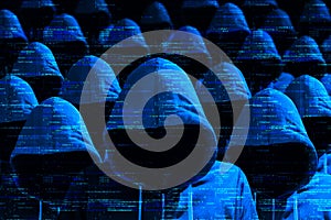 Group of coded hooded hackers in blue cybersecurity concept