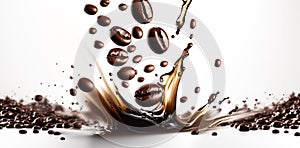 Group of coffee beans with movement shape food background.ai generated images