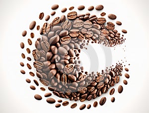 Group of coffee beans with movement shape food background.ai generated images