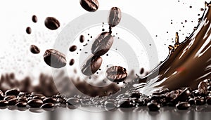 Group of coffee beans with movement shape food background.ai generated images