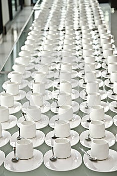 Group of coffee cups.empty cups for coffee.Many rows of white cup for service tea or coffee in breakfast at buffet event.white cup