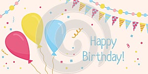 Group of color balloons with party checkbox and confetti on pastel background. Birthday celebration card banner template