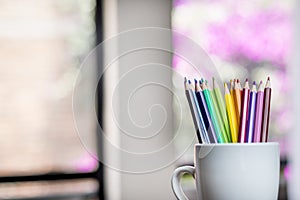 A group of color pencils in a white cup