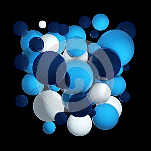 Group of colored 3d spheres. Flying spheres, abstract bubbles. Blue balls, Isolated round orbs. 3D illustration