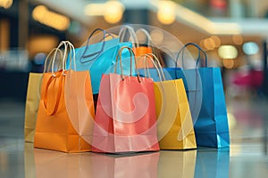 A group of colored paper shopping bags against the background of a hypermarket. Shopping and big discount concept