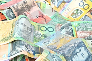 Group of colorful australian money banknote dollar AUD pile