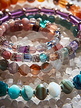 A group of colorful bracelets with crystals