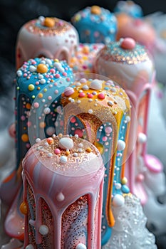 A group of colorful cakes with sprinkles and glitters on top, AI