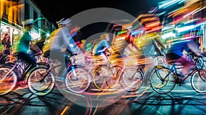 Group colorful cyclists on city road, night, illumination. Concept of sport. Abstract blurred background Generative AI