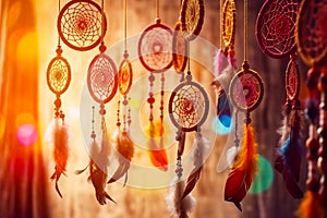 Group of colorful dream catchers hanging from string on wall. Generative AI