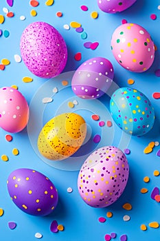 A group of colorful easter eggs on a blue background with confetti