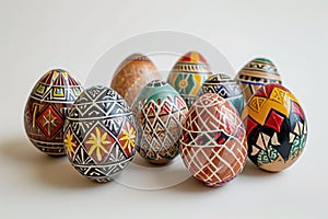 a group of colorful easter eggs are sitting on top of each other on a white surface