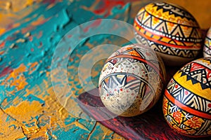 a group of colorful easter eggs sitting on top of a wooden table