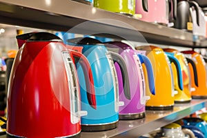 group of colorful electric kettles lined up on a shelf
