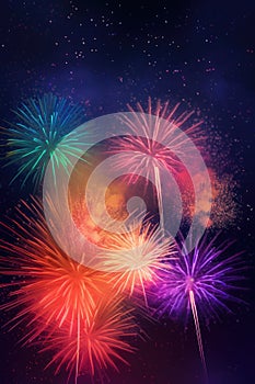 A group of colorful fireworks in the night sky. AI generative image.