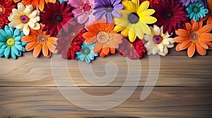 a group of colorful flowers on a wood surface