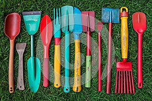 a group of colorful garden tool laying in the grass on top of each other