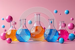 Group of Colorful Glass Flasks Filled With Liquid. Generative AI