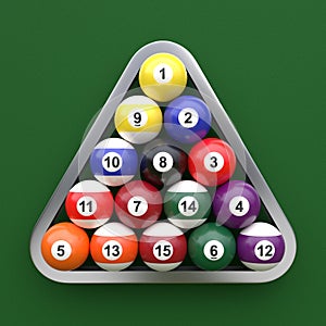 A group of colorful glossy billiard balls with numbers on a green billiard table