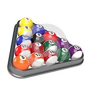Group of colorful glossy pool game balls with numbers inside billiards triangle isolated on white background