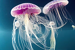 Group of colorful glowing jellyfish phyllorhiza punctata swimming in water aquarium tank. Floating bell australian