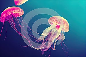 Group of colorful glowing jellyfish phyllorhiza punctata swimming in water aquarium tank. Floating bell australian