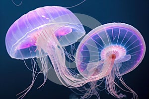 Group of colorful glowing jellyfish phyllorhiza punctata swimming in water aquarium tank. Floating bell australian