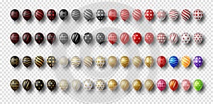 Group of colorful, Golden, Silver and black Glossy Helium Balloons Isolated on Transperent Background. Set of Balloons and for