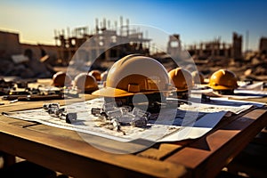 A Group of Colorful Hard Hats Arranged on a Rustic Wooden Table