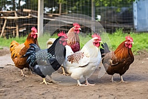 a group of colorful hens pecking grain in the chicken yard