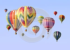 A group of colorful hot-air balloons floating
