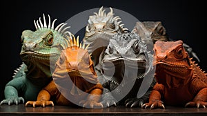 Group of colorful iguanas on a black background, close up. Generative AI