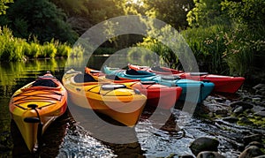 A group of colorful kayaks drifting down a spring river