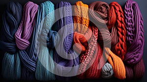 A group of colorful knitted scarves background