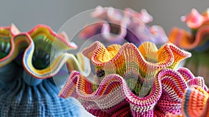 A group of colorful knitted vases sitting on a table, AI