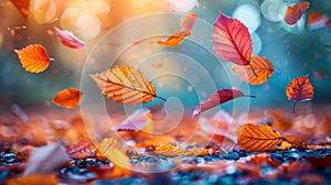 A group of colorful leaves falling from a tree in autumn signaling the changing of seasons and the cyclical pattern of