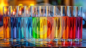 A group of colorful liquids in glasses on a table, AI