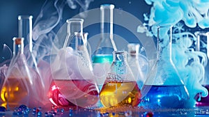 A group of colorful liquids in a laboratory