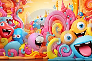 a group of colorful monsters with eyes and mouths