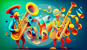 Group of colorful musical instruments on blue background. Generative AI