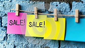 A group of colorful notes pinned to a clothesline with the word sale, AI