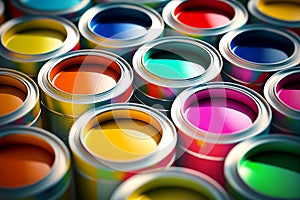 group of colorful paint cans