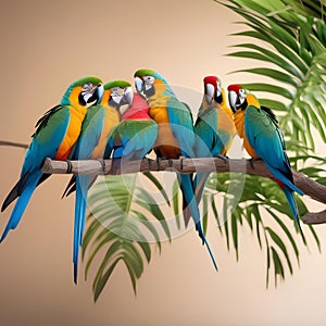 A group of colorful parrots perched on a tree branch, chirping happily4