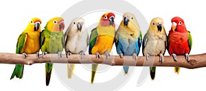 group of colorful parrots sitting in a row on tree branch