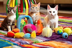 a group of colorful pet toys on a warm, plush rug