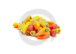 Group of colorful red, yellow and orange mini sweet peppers snack isolate on white