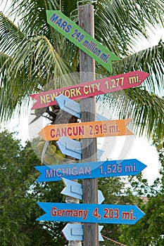 Group of colorful signs giving directions, to specific locations, including miles to travel