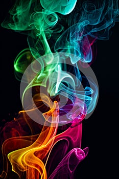 Group of colorful smokes that are on black background with black background. Generative AI